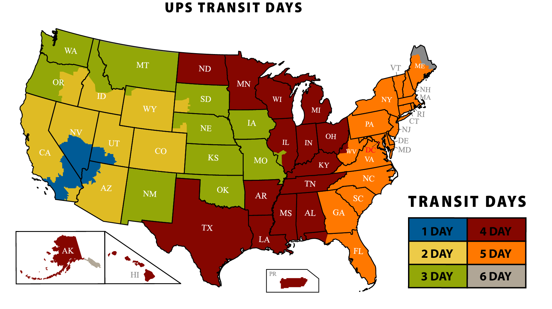USA map: UPS transit days