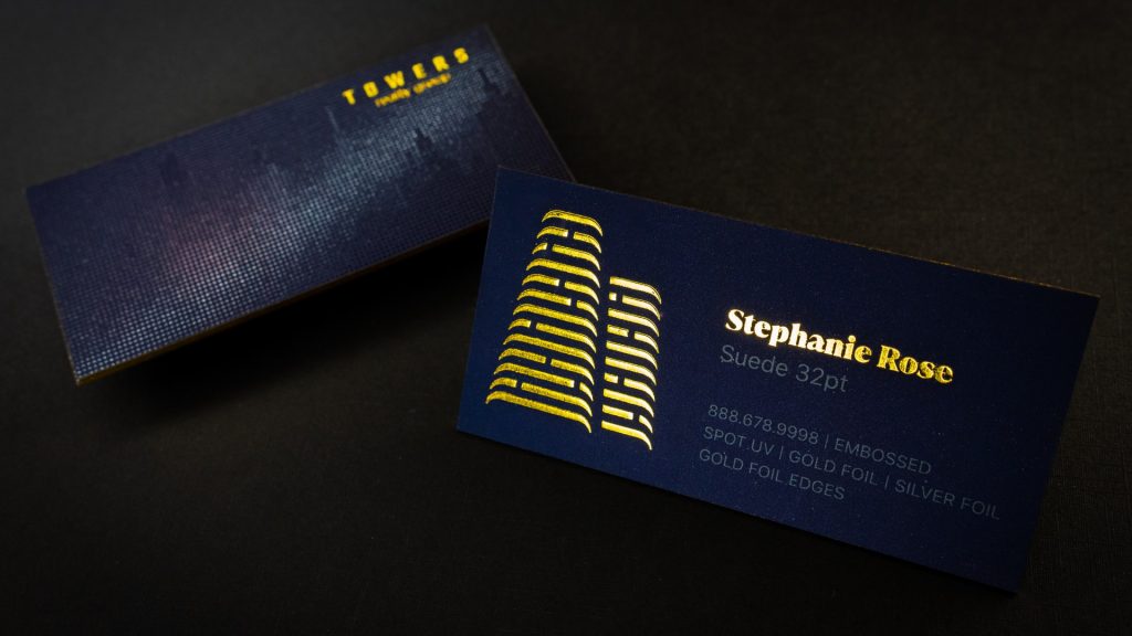 blue spot uv embossed business card on suede 32pt card stock