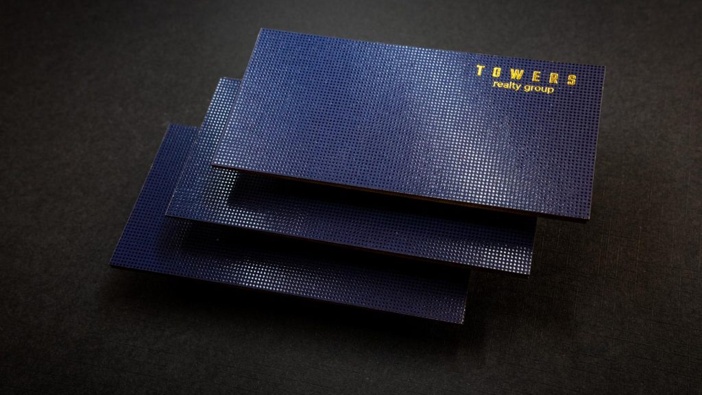 blue spot uv and foil printed embossed business cards