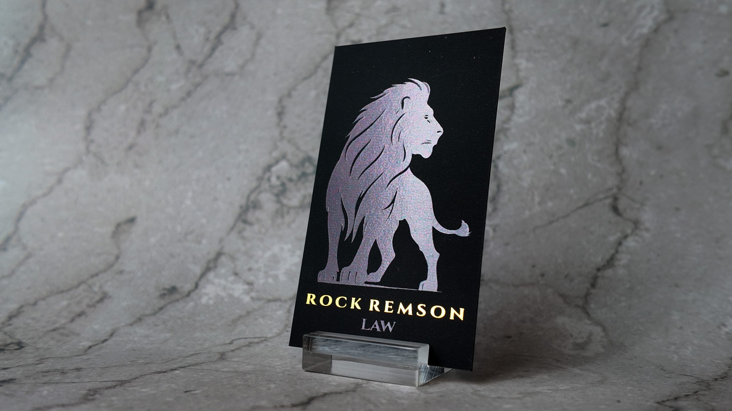 Attorney business card with raised foil — black suede vertical format, Rock Remson Law