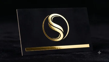 A dark business card with a gold foil S monogram and a gilded lower edge.