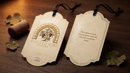Front and back of an ornate cream hang tag with gold foil 'Vaulted Vine Winery' grape-arbor artwork, strung with black ribbon on a wood table with a cork and dried grape leaves.