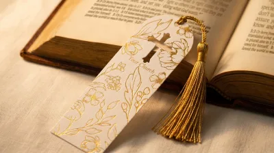 Gold foil floral bookmark with a die-cut cross and gold tassel on an open book
